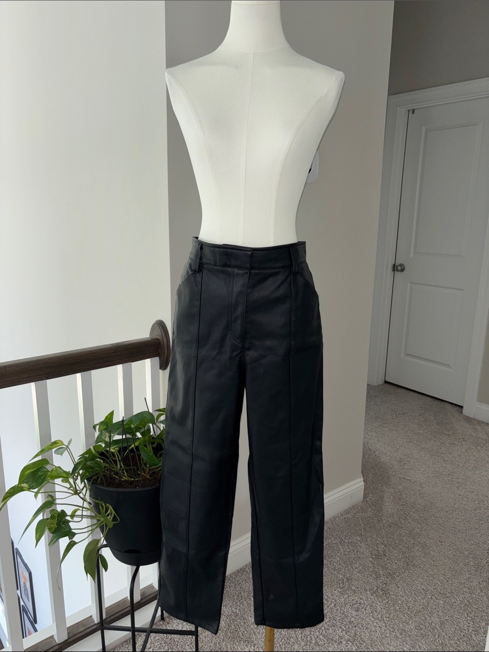 Women's Black Faux Leather Straight-Leg Pants